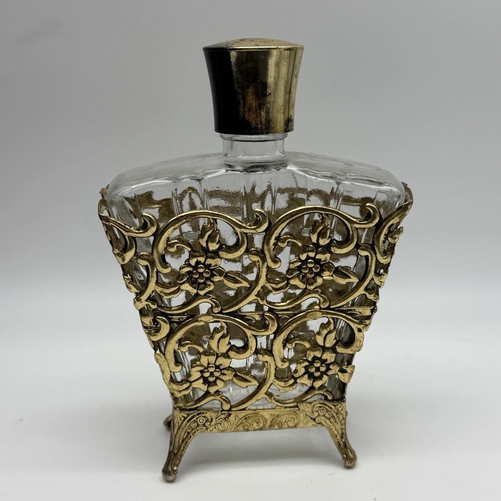 Vintage Ormolu Gold Gilt Floral Encased Glass Perfume Vanity Empty Bottle - Picture 3 of 6